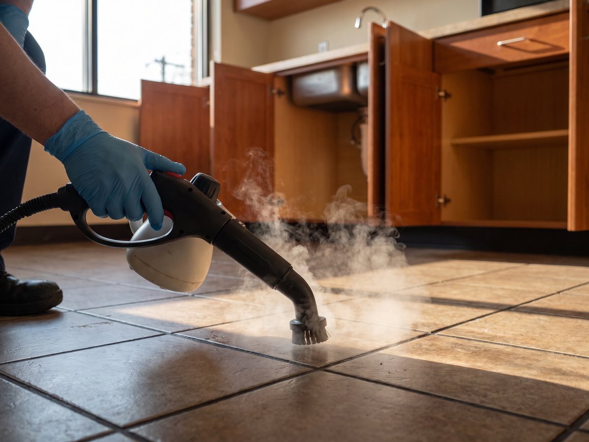 Technician steam-cleaning tile grout in an emptied office break room during a move-out clean